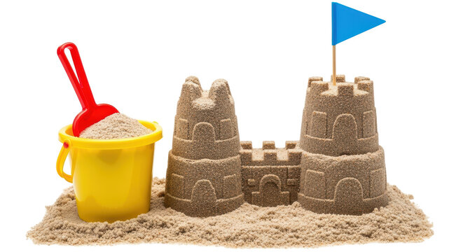Isolated sandcastle with bucket and shovel