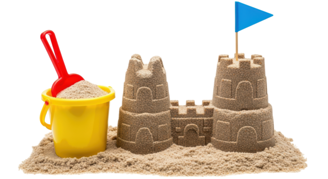 Isolated sandcastle with bucket and shovel
