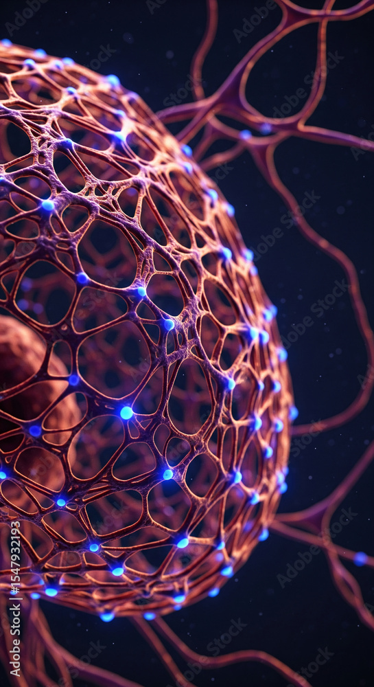 Poster intricate orange network sphere with glowing blue nodes, showcasing complex interconnectedness, idea