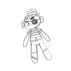 Pirate ragdoll sketch featuring an eyepatch, sailor hat, striped shirt, and stitched limbs. Fun and expressive hand-drawn character design.