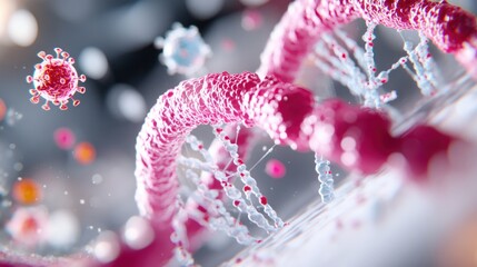 Close-up view of DNA strands and viruses showcasing intricate molecular structures in a vibrant, scientific illustration.
