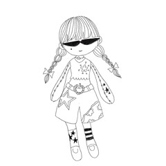 Stylish ragdoll girl sketch with braids, star outfit, and cool sunglasses. Hand-drawn character with trendy, quirky charm.