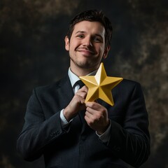 Man Holding Star: A smiling man, dressed in a business suit, holds a golden star. He represents excellence and achievement.