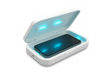 Phone sanitizing with ultraviolet light in uv sterilizer and cleaner box on transparent background