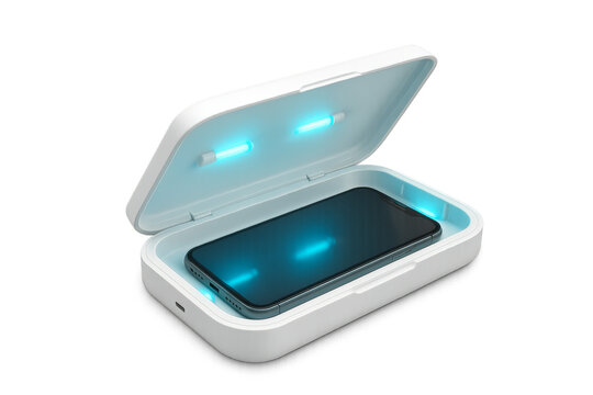 Phone sanitizing with ultraviolet light in uv sterilizer and cleaner box on transparent background