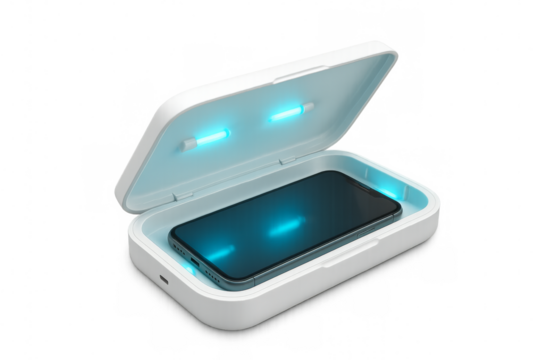 Phone sanitizing with ultraviolet light in uv sterilizer and cleaner box on transparent background