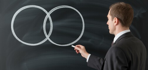 Merging Concepts: A focused professional meticulously draws overlapping circles on a chalkboard, symbolizing integration and connection in a business-centric scenario, with analytical intent.