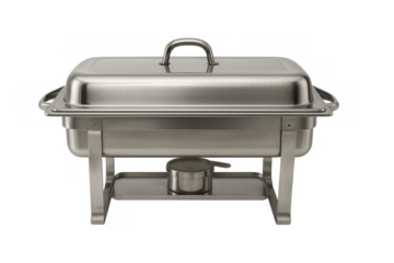 Professional stainless steel chafing dish keeping food warm on transparent background