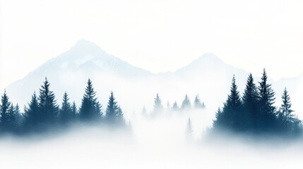 Misty mountain landscape with silhouette trees, creating a serene and mystical atmosphere in nature's embrace.