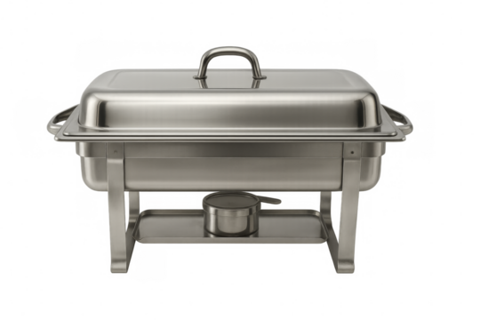 Professional stainless steel chafing dish keeping food warm on transparent background