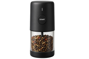 Modern electric pepper mill with peppercorns on transparent background