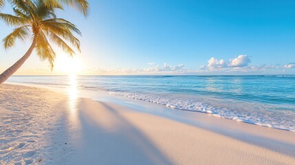 Fototapeta premium Serene beach at sunrise with soft waves, white sand, and a palm tree gently swaying in the warm breeze, inviting calm and tranquility.