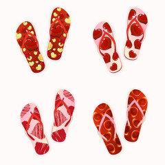 Four pairs of flip flops displayed, each featuring a unique color and star patterns