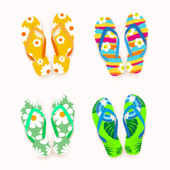 Four pairs of flip flops displayed, each featuring a unique color and star patterns