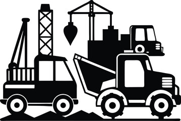 Naklejka premium Black and White Illustration of Construction Vehicles Dump Truck Crane and Excavator on Ground vector