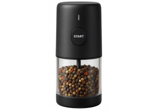 Modern electric pepper mill with peppercorns on transparent background - Powered by Adobe