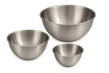 Three stainless steel mixing bowls isolated on transparent background