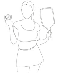 Continuous line drawing of pickleball player woman in a sporty dress holding a racket and a ball in her hands, standing in an elegant pose. Hand drawn minimal illustration Isolated on white background