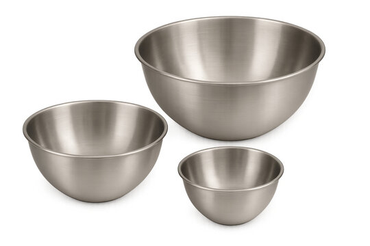 Three stainless steel mixing bowls isolated on transparent background