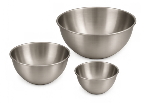 Three stainless steel mixing bowls isolated on transparent background