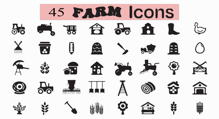 Collection of Farm silhouette Icons Representing Agricultural Activities Equipment and Structures a Diverse Set for Design and Visual Projects.