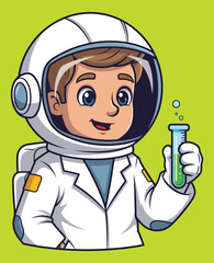  whimsical, cartoon vector illustration in a flat style showcasing a cute astronaut scientist, a young man with bright eyes, holding a lab tube