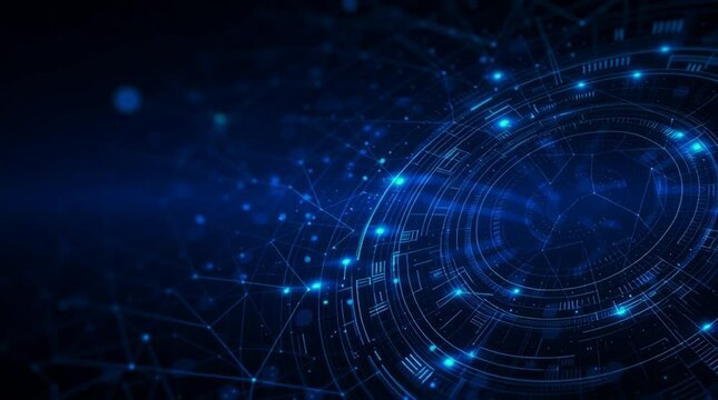 Blue futuristic digital network with glowing nodes and intricate circuit patterns on a dark background
