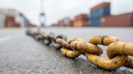 Close-up of rusty chain on wet pavement at shipping container yard