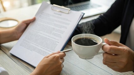 Business meeting with coffee and documents on a table.