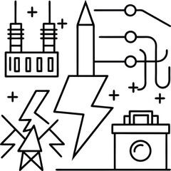 Fototapeta premium Black and White Line Art Illustration of Electrical Power Transmission System with Lightning Bolts Power Plant and Circuit Diagram