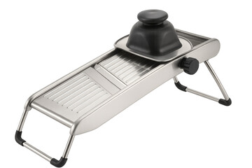 Stainless steel mandoline slicer with black plastic handle on transparent background