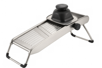 Stainless steel mandoline slicer with black plastic handle on transparent background