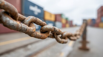 Naklejka premium Close-up of rusty chain with container terminal in background