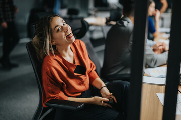 A woman smiles warmly among colleagues during a late-night meeting. Diverse team brainstorming and...