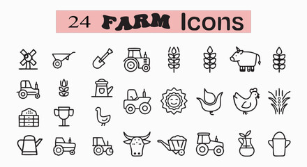 Farm Icon Set Depicting Agricultural Elements A Collection of Simple Line Drawings Featuring Farming Tools and Animals.