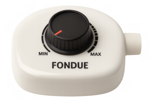 Fondue pot temperature control dial set to minimum setting on transparent background
