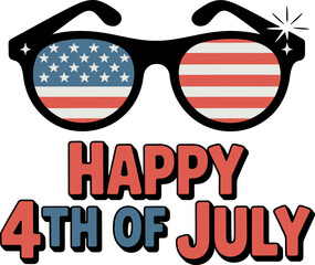 Retro sunglasses with flag reflection and bold happy 4th of July text in red underneath central design  