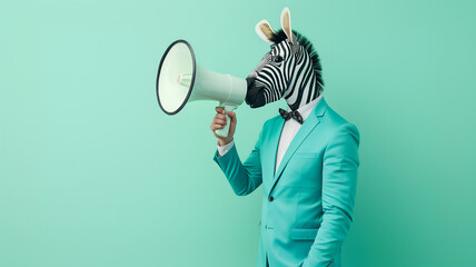 A man wearing a zebra mask and a blue green suit, holding a megaphone