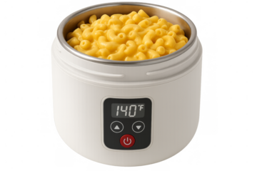 Portable food warmer keeping mac and cheese at 140°f on transparent background