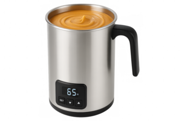 Smart mug keeping hot chocolate warm at 65 degrees on transparent background