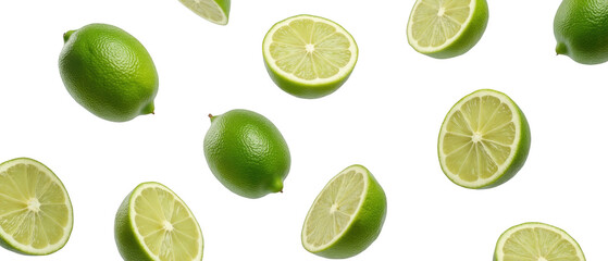 Fresh limes, sliced and whole, scattered on transparency background, create vibrant and refreshing visual