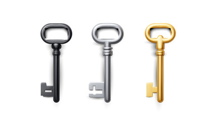 Vector illustration shows three antique skeleton keys in black, silver and gold, isolated on white background, symbolizing choice and security. 3d style.