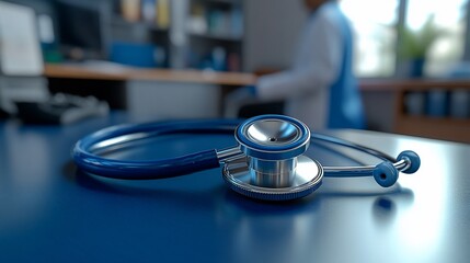 A close-up of a stethoscope on a blue desk in a medical office