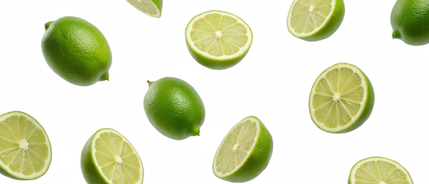 Fresh limes, sliced and whole, scattered on transparency background, create vibrant and refreshing visual