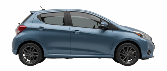 Compact car blue color side view modern design urban vehicle efficient stylish hatchback four doors alloy wheels transportation automotive travel