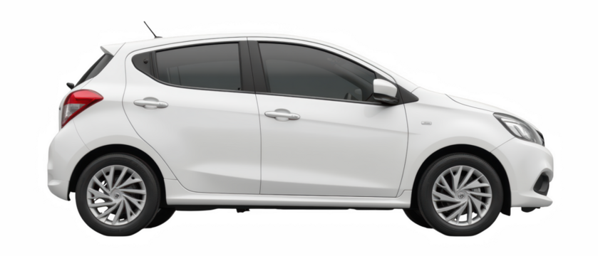 Sleek white hatchback car with modern design, featuring stylish alloy wheels and tinted windows, perfect for urban driving