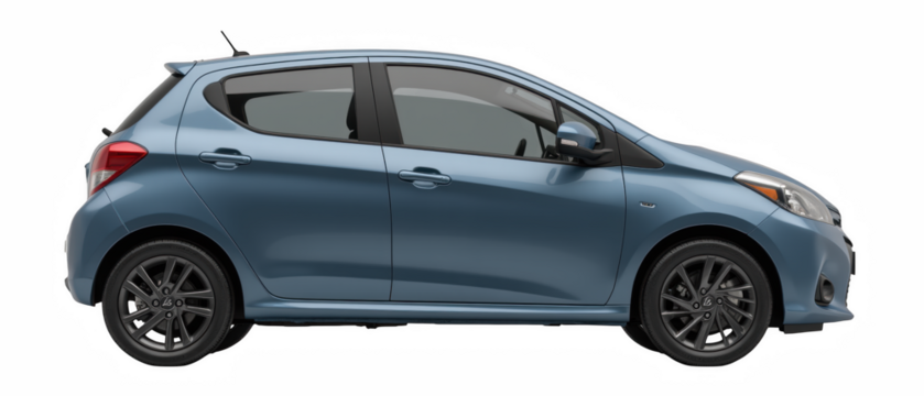 Compact car blue color side view modern design urban vehicle efficient stylish hatchback four doors alloy wheels transportation automotive travel