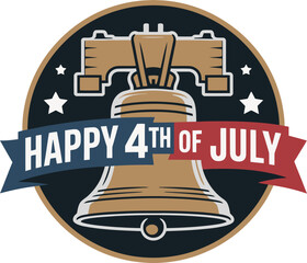 Bold liberty bell on dark background with metallic banner reading happy 4th of July in traditional style   © RA Studio