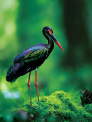 Black Stork in a Lush Forest