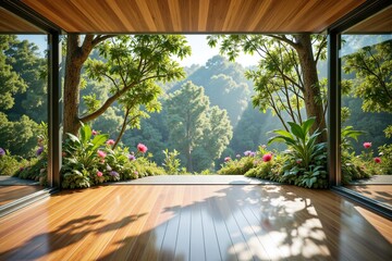 Sunlit forest view landscape through the Wooden structure interior design